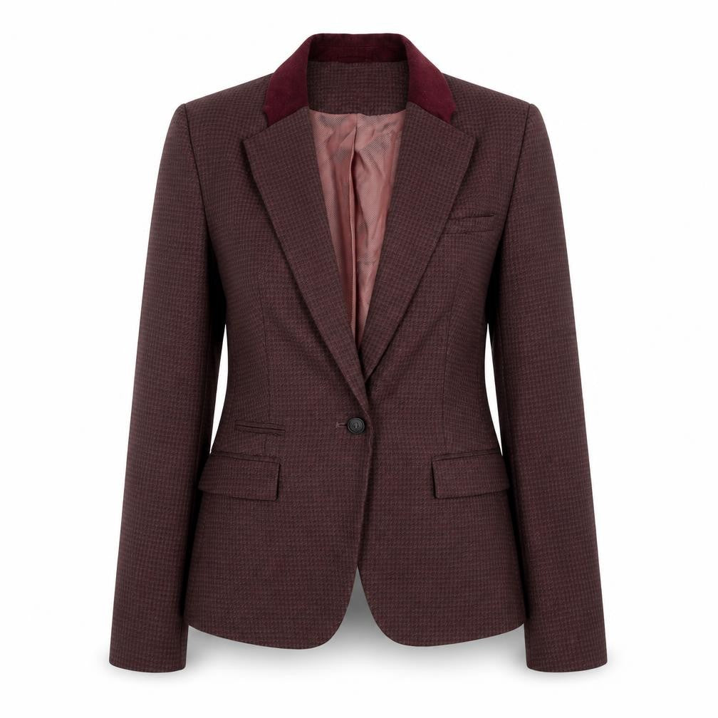 Front view of Next women’s brown plaid polyester jacket suit jacket, size UK 8