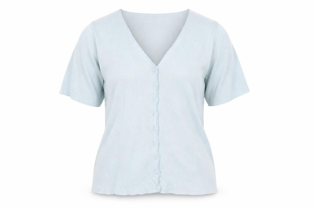 Front view of Dorothy Perkins women’s blue cotton basic button-up, size UK 12, v-neck