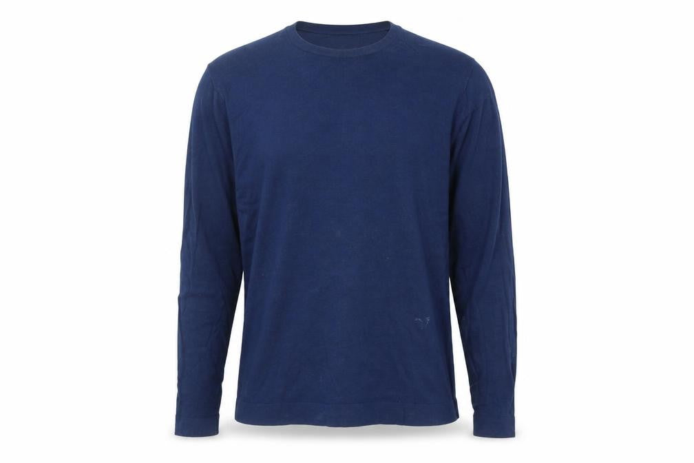 Front view of Mango men’s blue round neck polyester jumper, size L