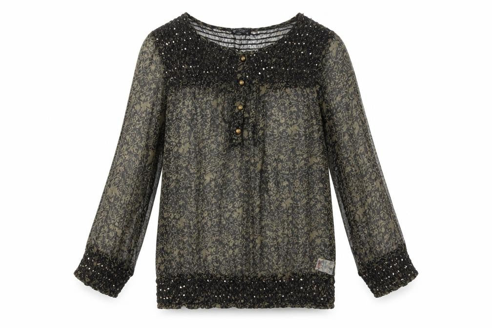 Front view of Rise women’s black paisley viscose basic button-up, size UK 12, scoop neck