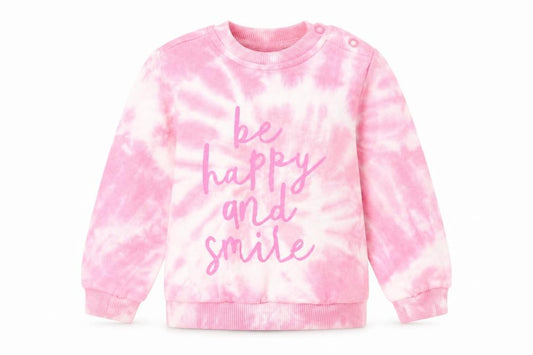 Front view of RESERVED girls’ pink 100% cotton jumper, size 6-9, months - be happy and smile
