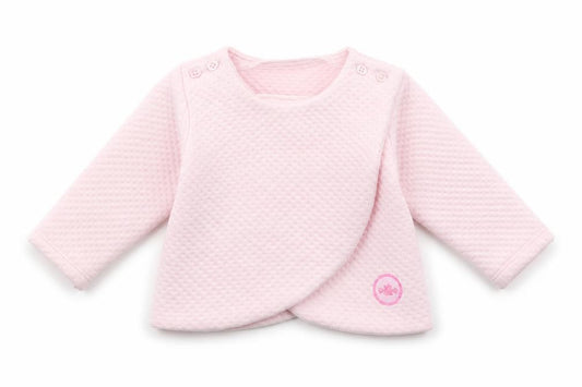 Front view of Rockabye-Baby girls’ pink polyester cardigan jumper, size 0-3, months button