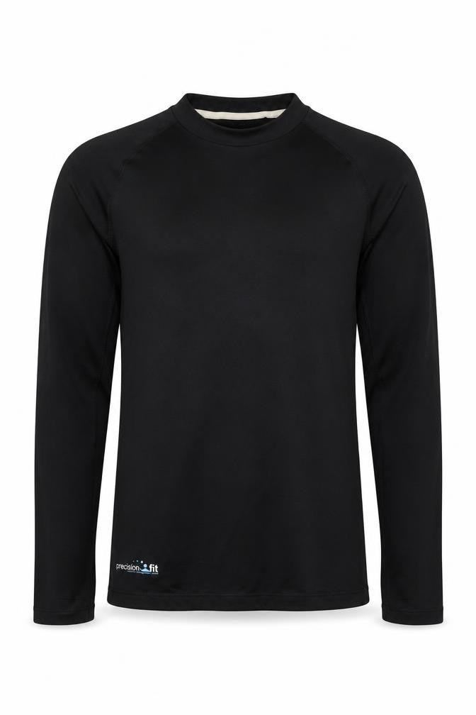 Front view of Precision Fit boys’ black polyester basic t-shirt, size M, crew neck pullover - athletic