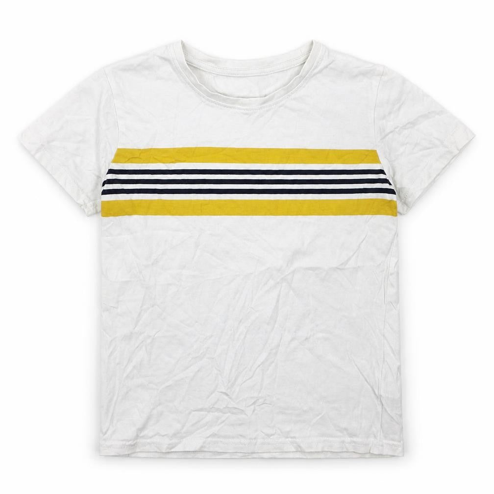 Front view of Dunnes boys’ white striped cotton basic t-shirt, size 9, years crew neck pullover - yellow