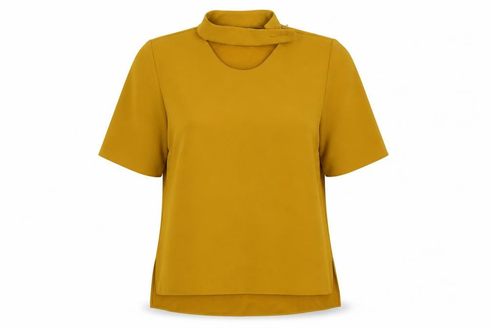 Front view of Zara women’s yellow polyester basic blouse, size S, round neck - mustard yellow