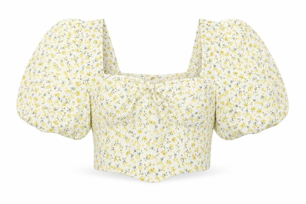 Front view of PRETTYLITTLETHING women’s yellow floral polyester cropped blouse, size UK 12, square neck