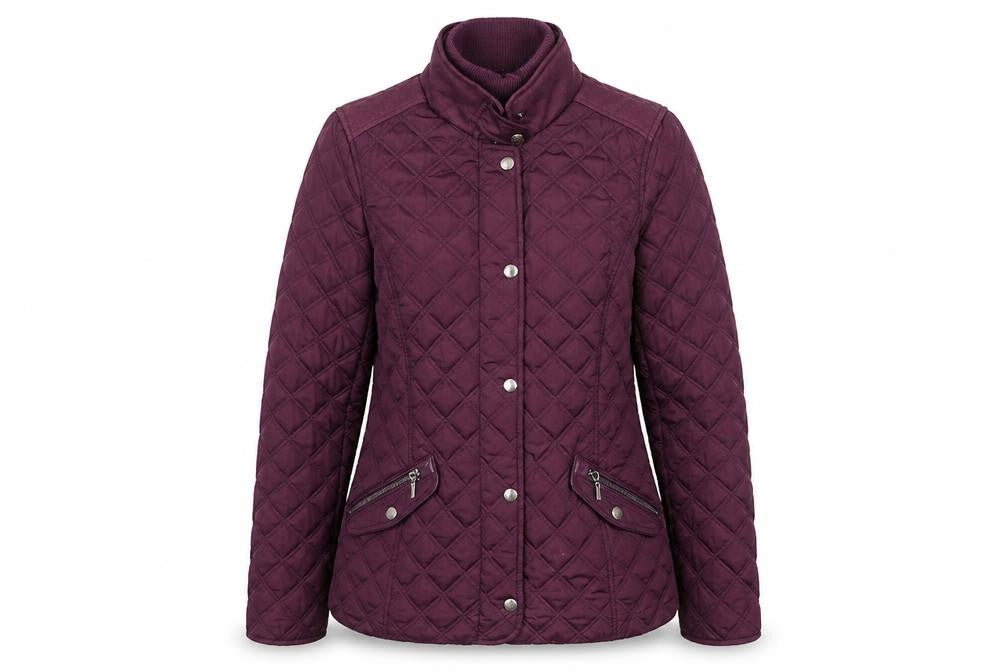 Front view of Maine New England women’s purple quilted coat, size UK 10, zip