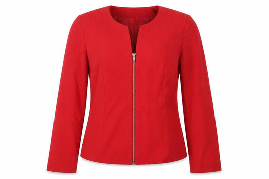 Front view of Julipa women’s red jacket, size UK 10, zip