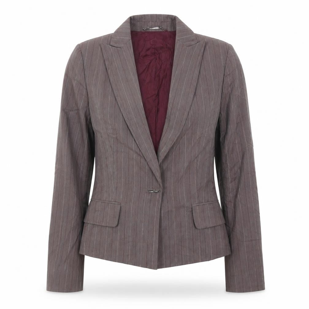 Front view of Mango women’s purple striped polyester jacket suit jacket, size UK 10