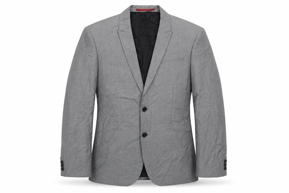 Front view of Preworn men’s grey polyester jacket suit jacket, size 38