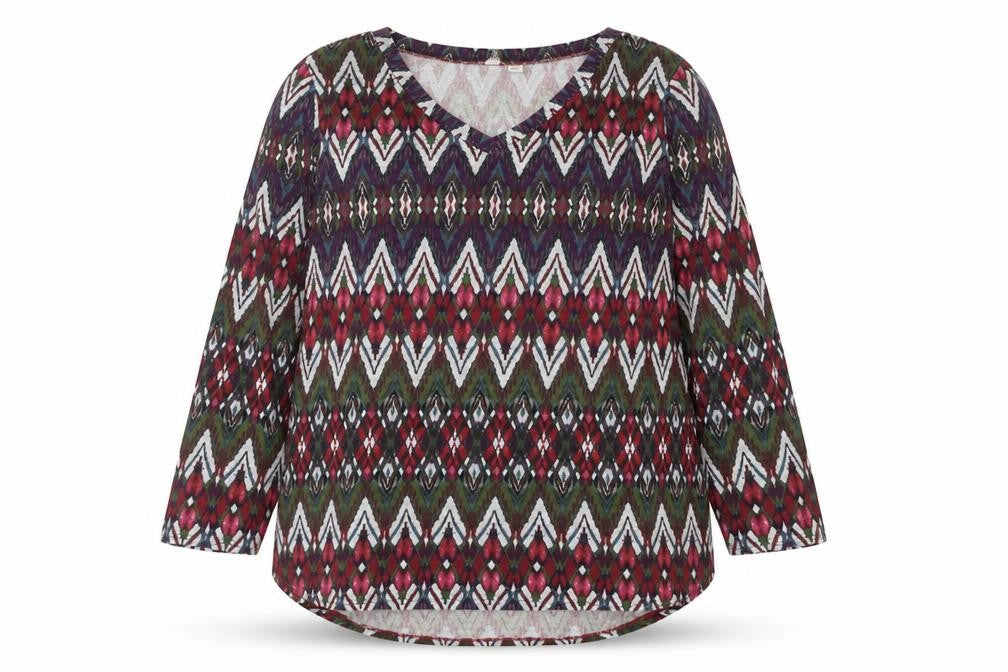Front view of Tacera women’s multicoloured v-neck geometric polyester jumper, size XL