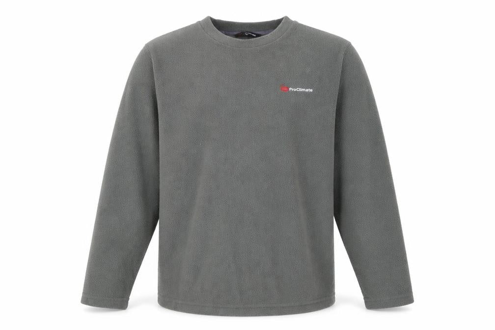 Front view of Pro Climate men’s green round neck polyester jumper, size XS