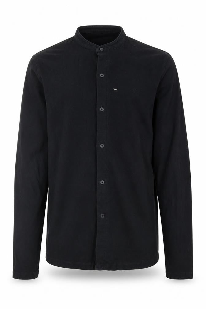 Front view of ASOS men’s black cotton button-up, size M, round neck