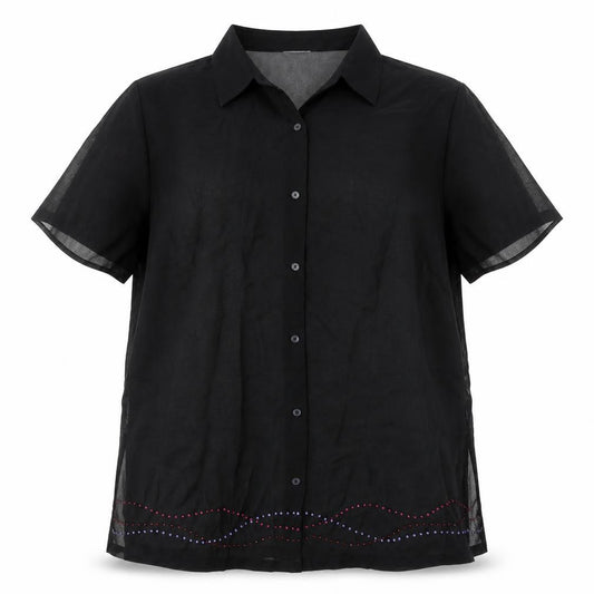 Front view of Resort women’s black polyester basic button-up, size UK 18, collared