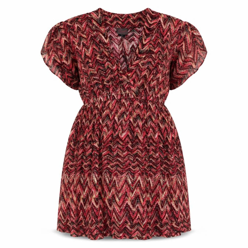 Front view of Tonid women’s pink geometric viscose fit & flare, size M, v-neck pullover