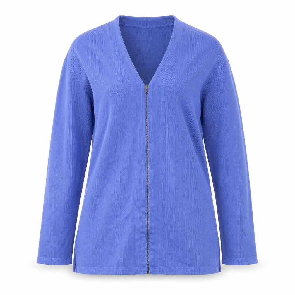 Front view of Mackays Blue V-Neck Polyester Full Zip Jumper, size S