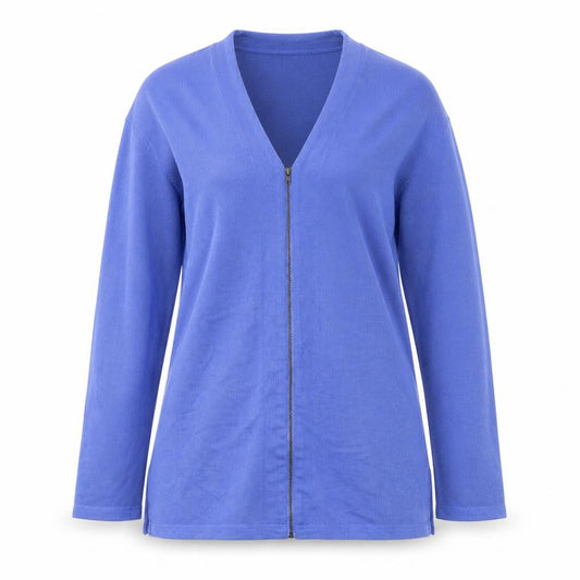 Front view of Mackays Blue V-Neck Polyester Full Zip Jumper, size S
