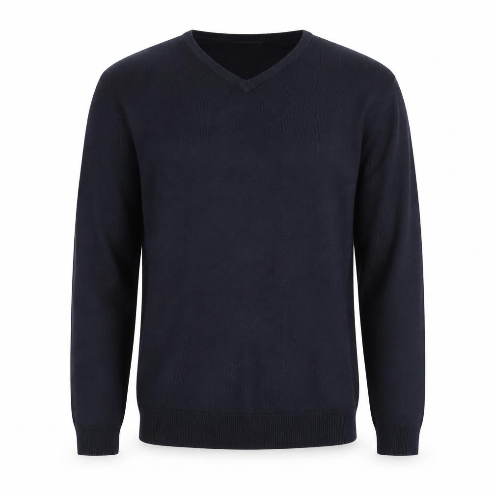 Front view of Cedarwood State men’s blue v-neck cotton jumper, size S