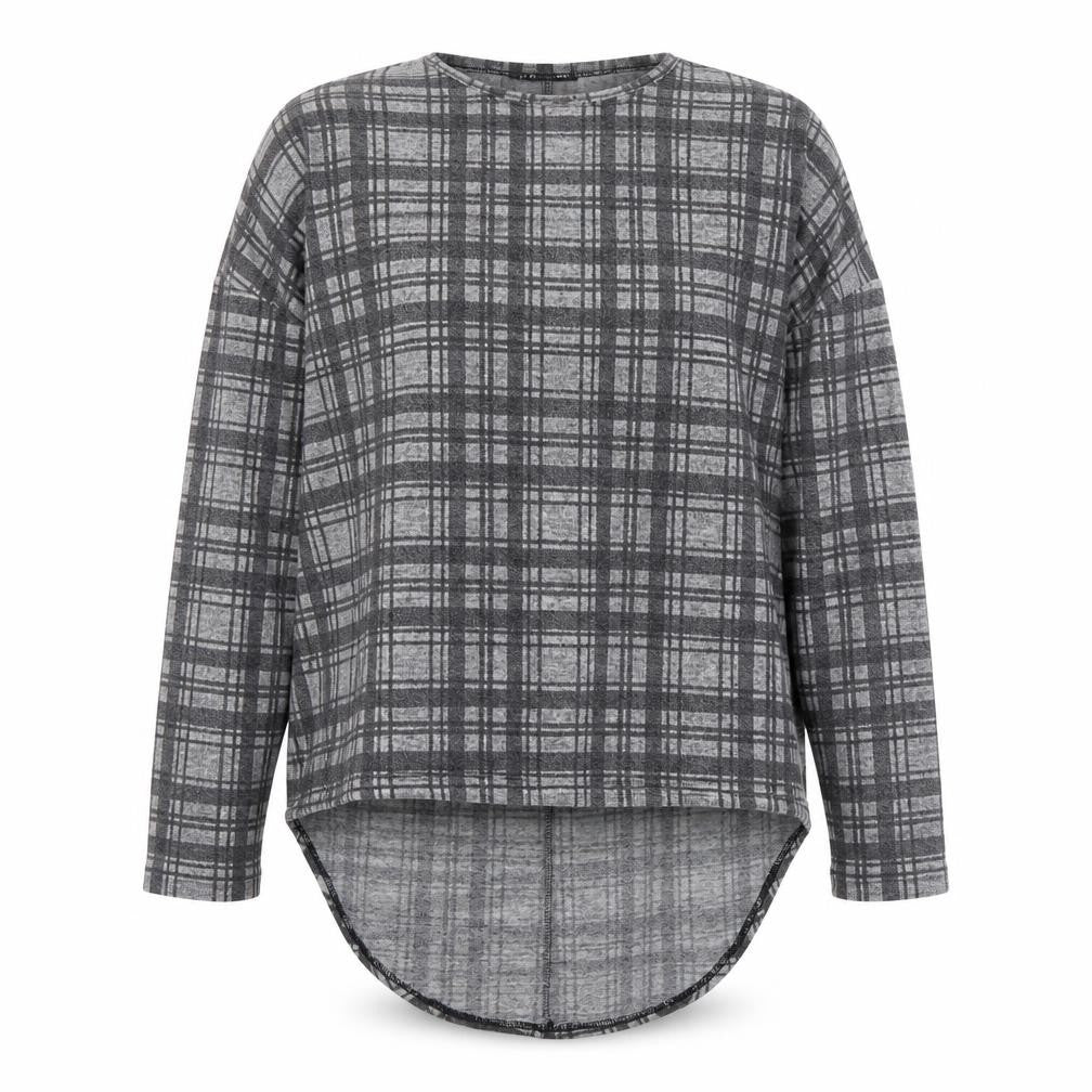 Front view of Cameo Rose women’s grey plaid polyester basic blouse, size S, round neck