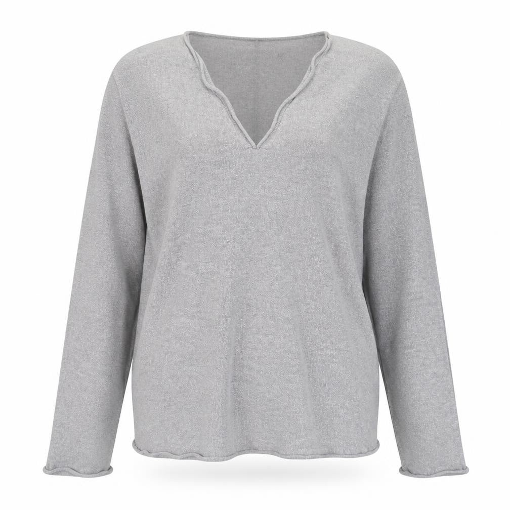 Front view of Retrology women’s grey v-neck rayon jumper, size M
