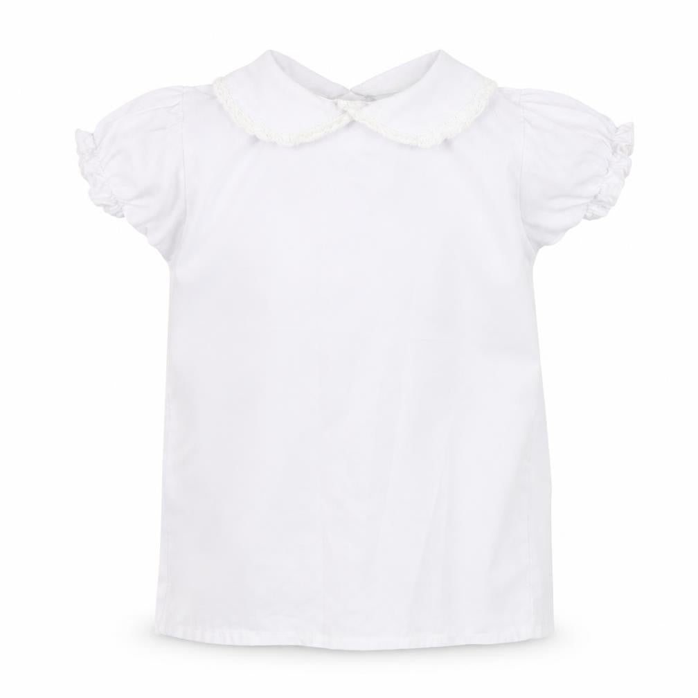 Front view of Little Nosh girls’ white cotton basic blouse, size 2, years collared button