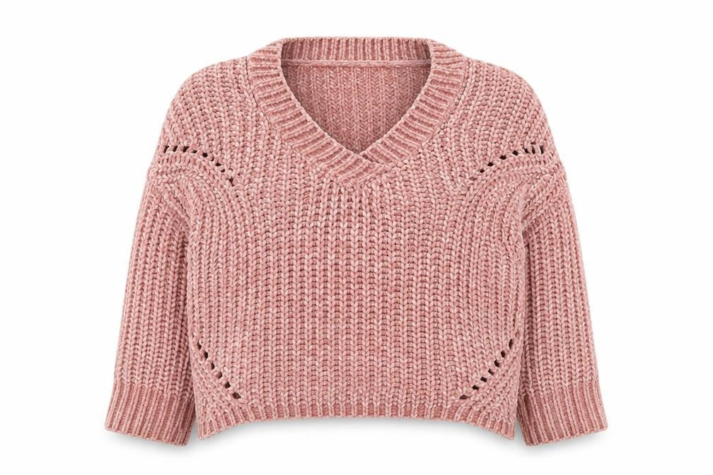 Front view of Stella women’s pink round neck acrylic jumper, size UK 10