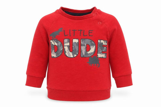Front view of Primark boys’ red camouflage cotton jumper, size 6-9, months snap - little dude