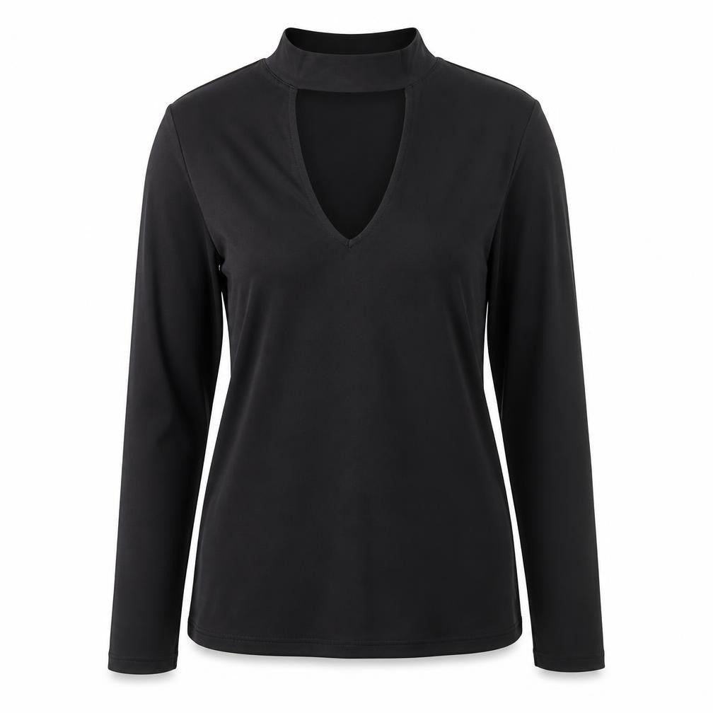 Front view of H&M women’s black polyester basic t-shirt, size L, mock neck