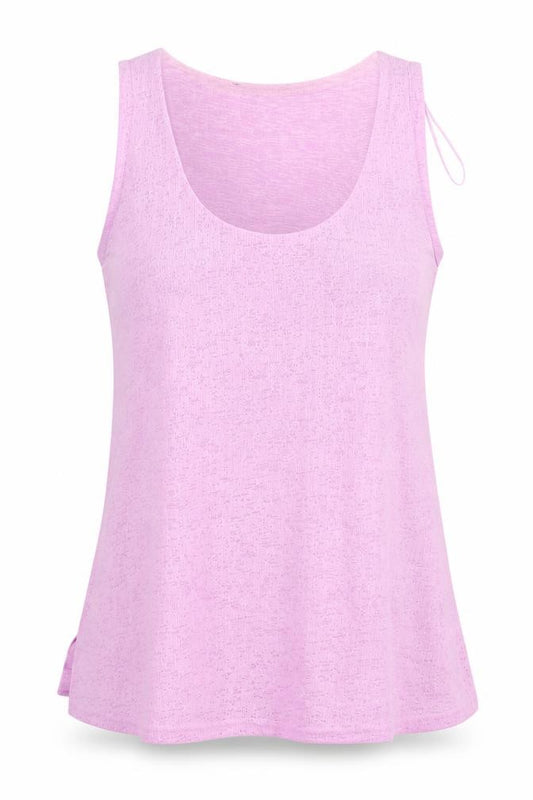 Front view of Dunnes women’s purple polyester basic tank, size S, scoop neck