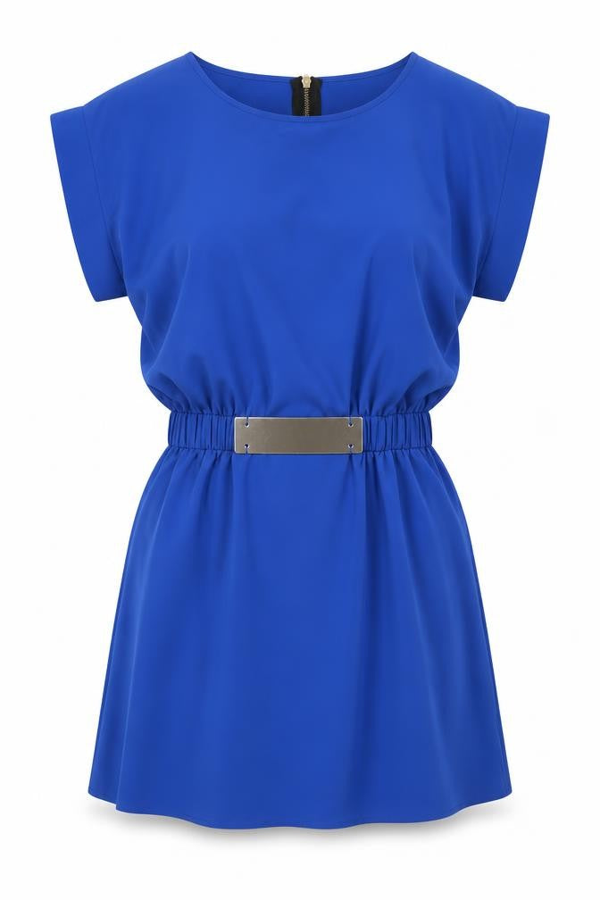Front view of Madam Rage women’s blue polyester mini, size UK 12, round neck zip