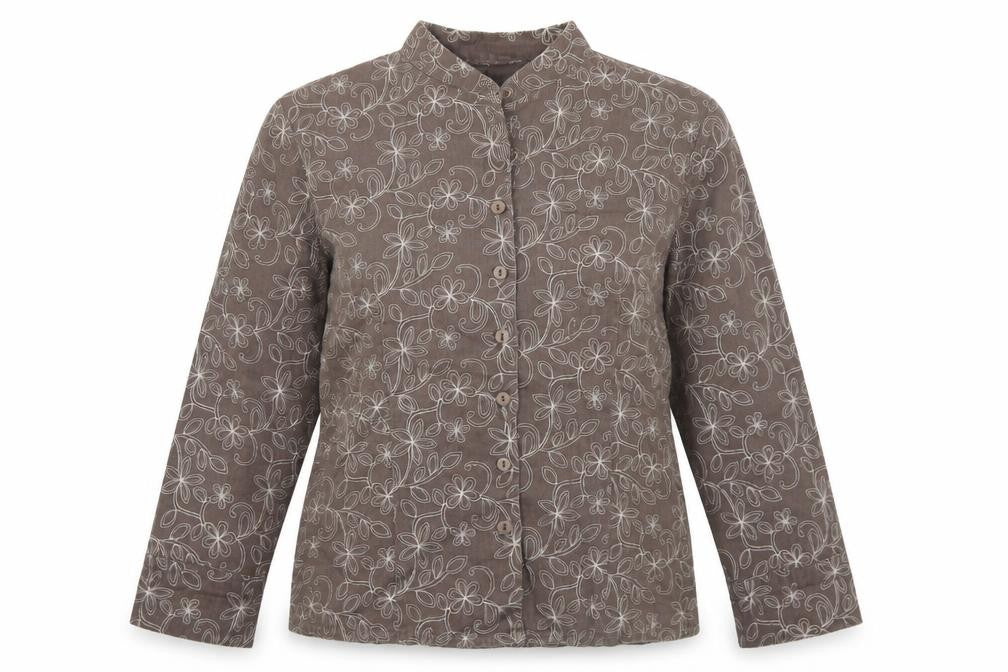 Front view of Anne Carson women’s brown floral jacket, size S, button