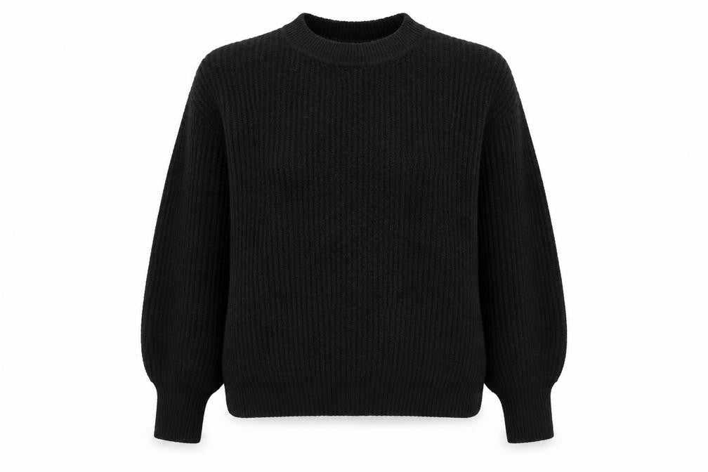 Front view of ASOS women’s black mock neck acrylic jumper, size UK 10