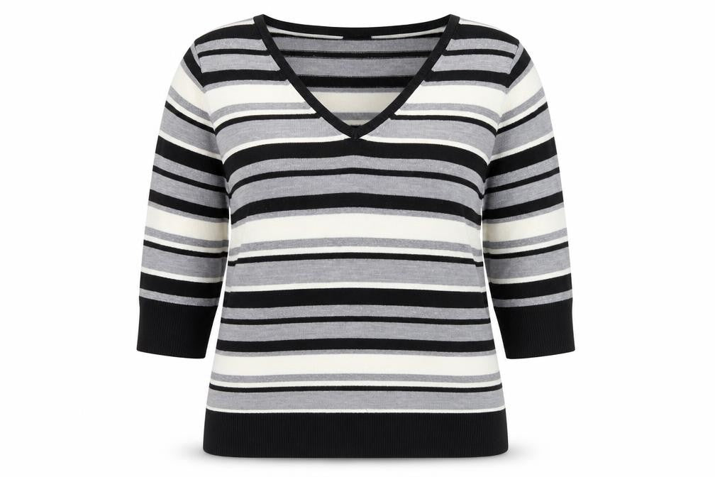 Front view of F&F women’s multicoloured v-neck striped acrylic jumper, size UK 18