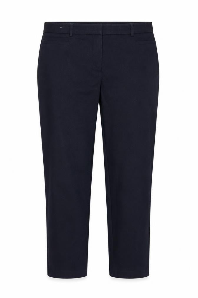 Front view of Next women’s blue polyester trousers, size UK 14, 28-inch leg regular hook & eye