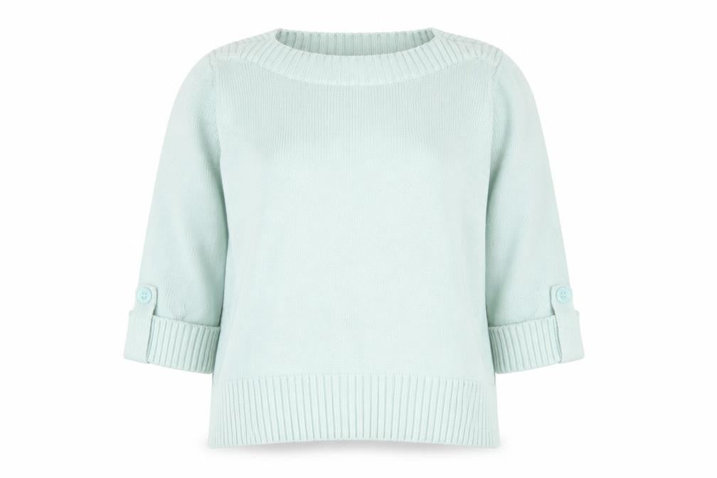 Front view of Bonmarché women’s green boat neck cotton jumper, size S