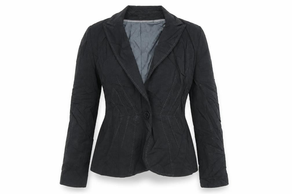 Front view of Marks & Spencer women’s grey striped jacket blazer, size UK 10, button