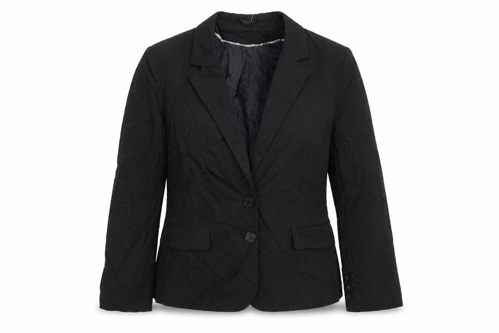 Front view of Preworn women’s black striped jacket blazer, size UK 12