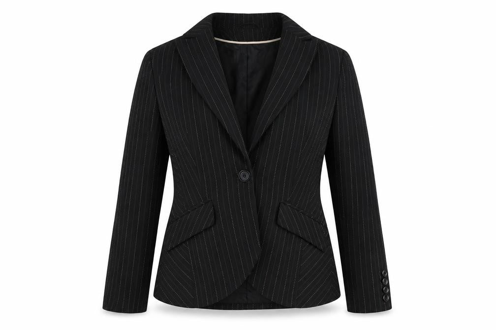 Front view of Dorothy Perkins women’s black striped jacket blazer, size UK 12