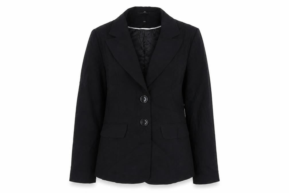Front view of EWM women’s black jacket blazer, size UK 12