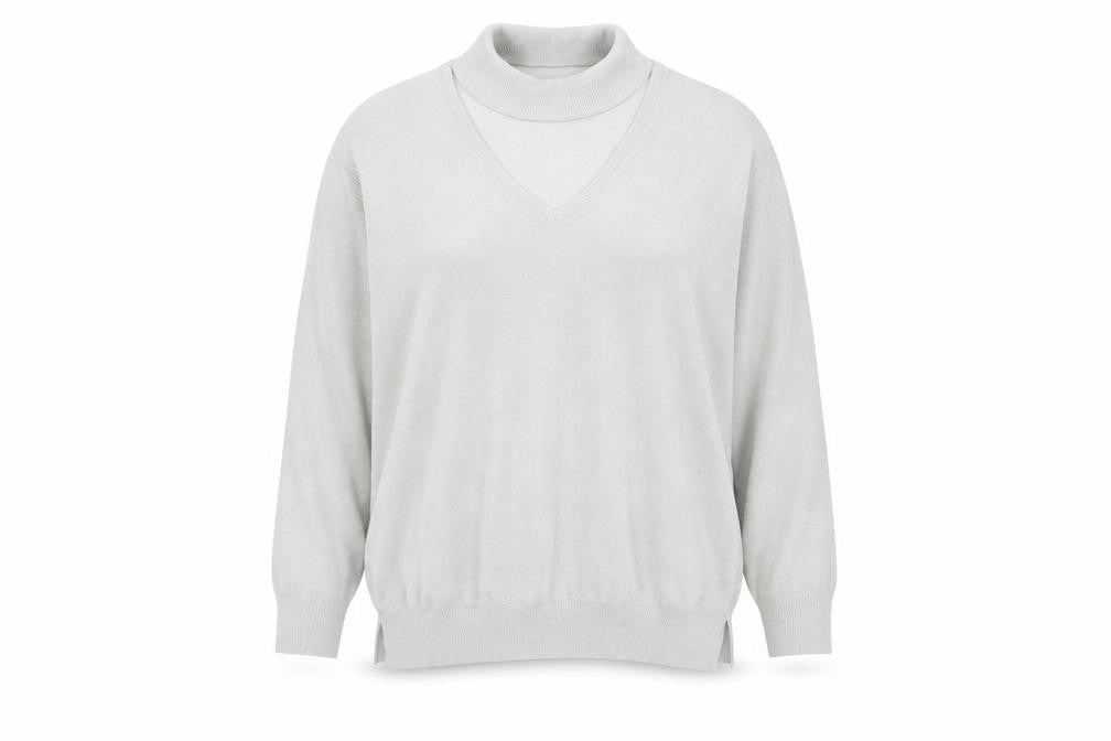 Front view of Next women’s silver v-neck viscose jumper, size UK 18, - collar detail