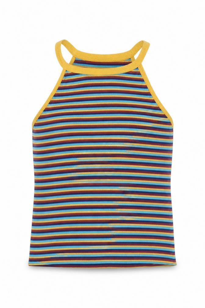 Front view of Ole women’s blue striped polyester basic tank, size L, halter