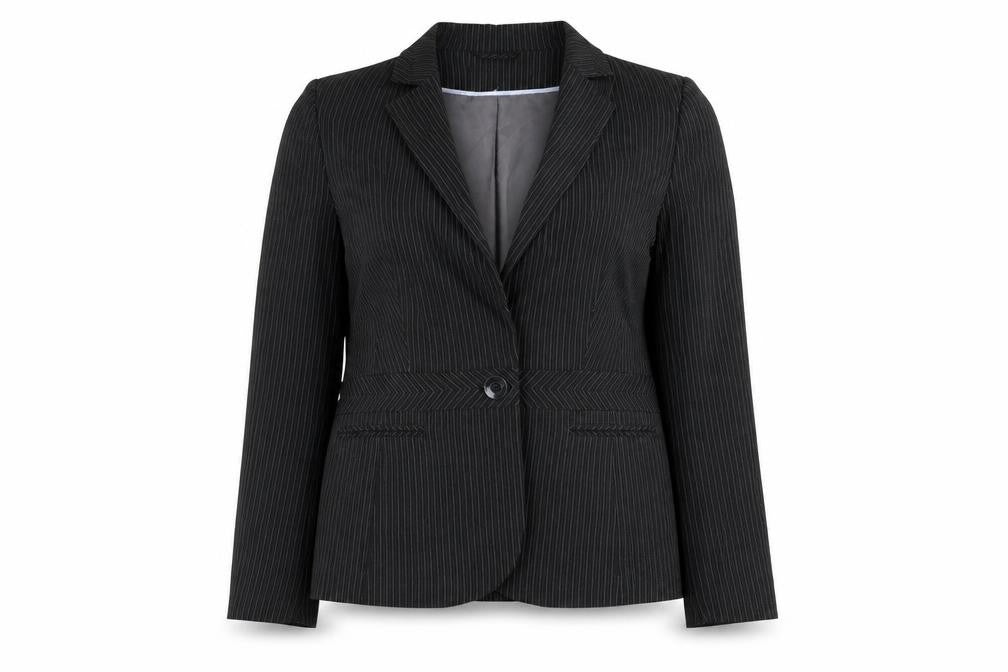 Front view of Dorothy Perkins women’s black striped jacket blazer, size UK 16, button