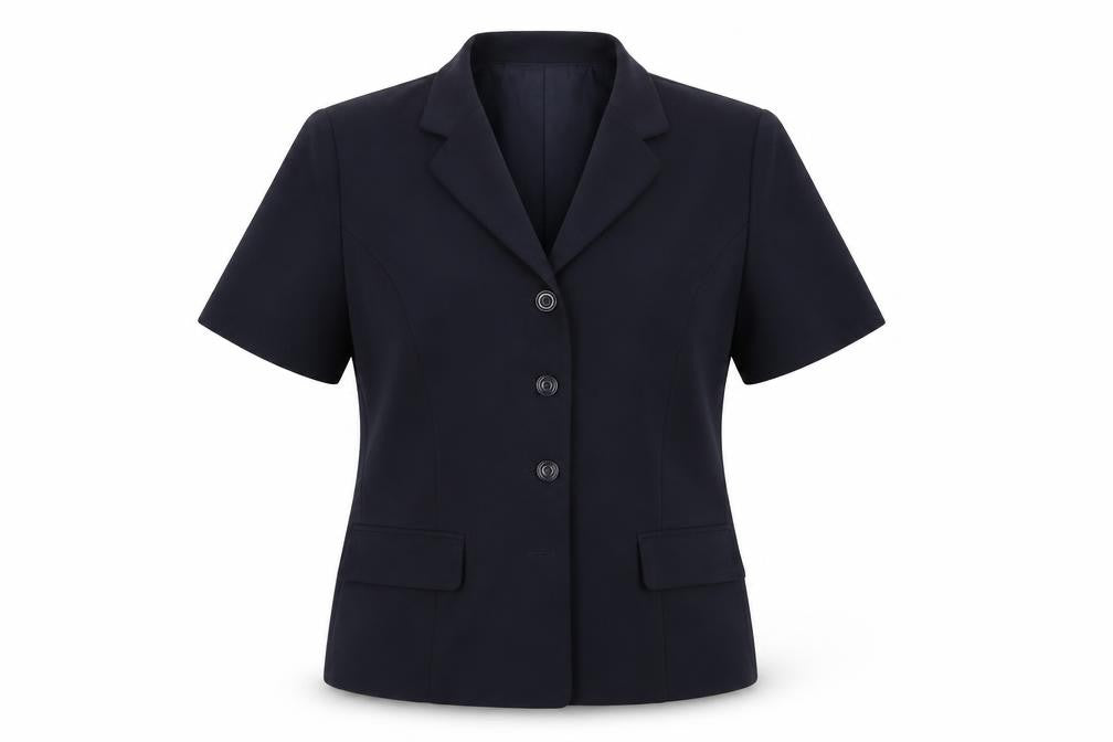 Front view of Prima women’s blue jacket, size UK 18, button