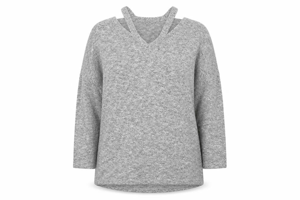 Front view of Tu women’s grey v-neck polyester jumper, size UK 8