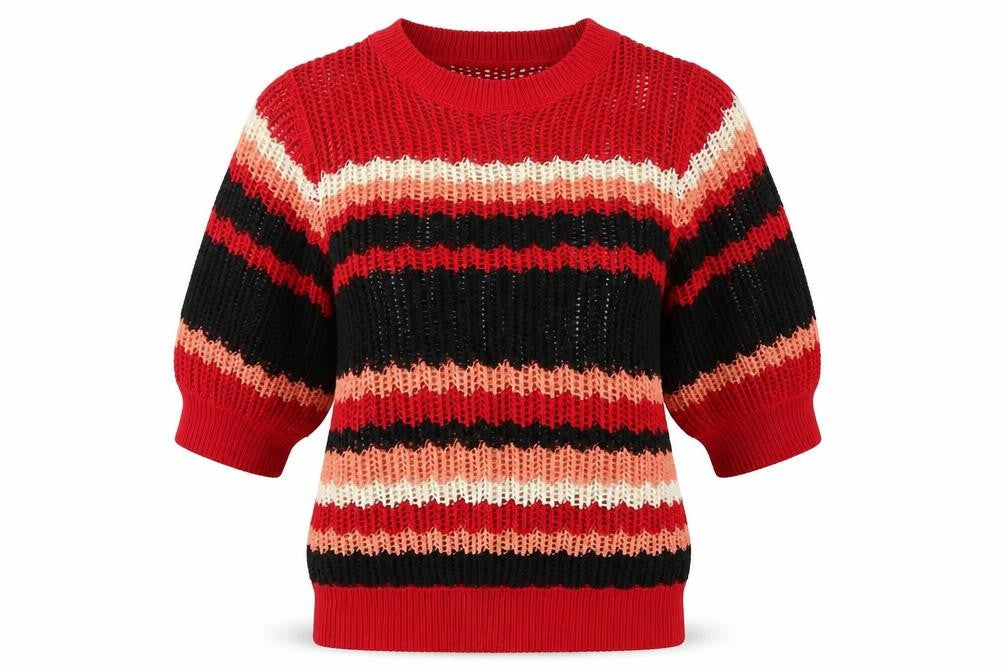 Front view of Next women’s multicoloured mock neck striped acrylic jumper, size UK 8