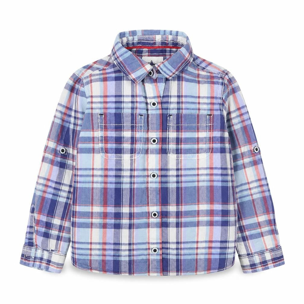 Front view of M boys’ multicoloured plaid cotton basic button-up, size 3-4, years collared
