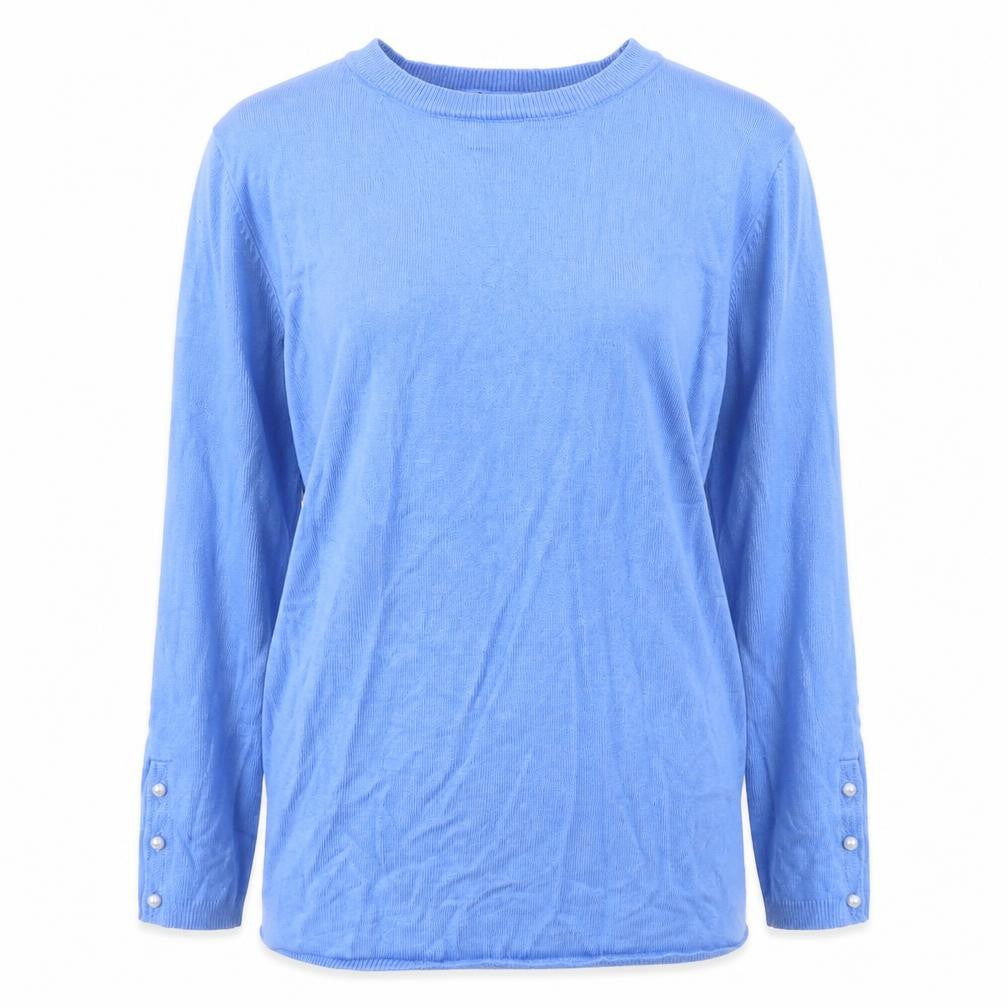 Front view of Stradivarius women’s blue round neck viscose jumper, size M