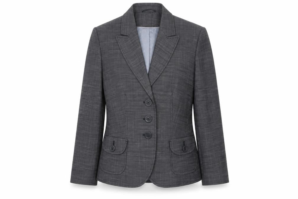 Front view of Next women’s grey check polyester jacket suit, size UK 10
