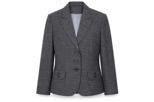 Front view of Next women’s grey check polyester jacket suit, size UK 10