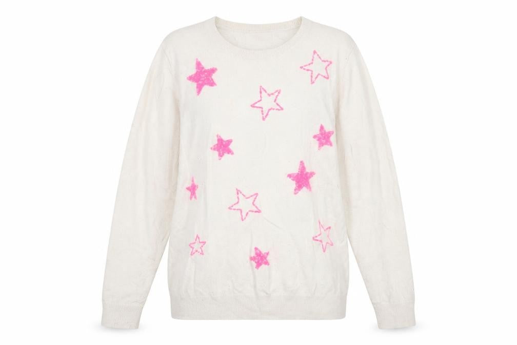 Front view of Savida women’s white round neck geometric viscose jumper, size L, - stars